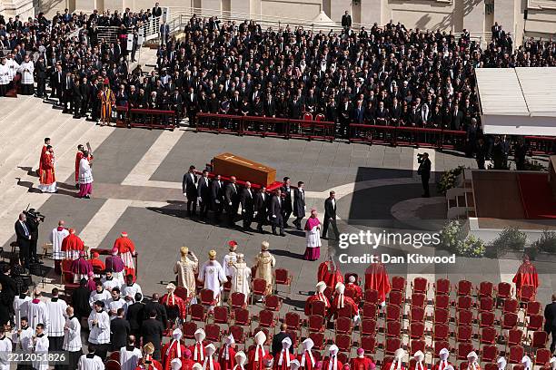General view of St. Peter’s Square as pallbearers carry the coffin during the funeral of Pope Francis on April 26, 2025 in Vatican City, Vatican....