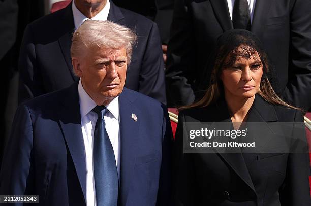 President Donald Trump and US First Lady Melania Trump arrive at the funeral of Pope Francis in St. Peter’s Square on April 26, 2025 in Vatican City,...