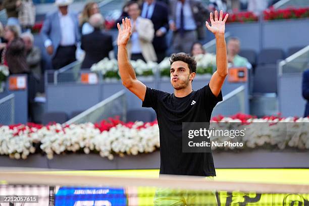 Francisco Cerundolo celebrates the victory after winning the match between Francisco Cerundolo of Argentina and Alexander Zverev of Germany during...