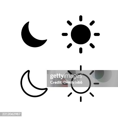 Moon and sun icon set. Solid and line icon with editable stroke Moon and sun icon set. Solid and line icon with editable stroke
