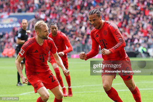 Leroy Sane of Bayern Munich celebrates scoring his team's first goal during the Bundesliga match between FC Bayern München and 1. FSV Mainz 05 at...