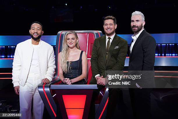 The Playoffs Part 2" Episode 2713 -- Pictured: John Legend, Kelsea Ballerini, Michael Bublé, Adam Levine --
