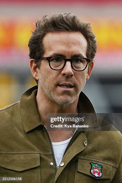 Co-owner of Wrexham Football Club Ryan Reynolds looks on prior to the Sky Bet League One match between Wrexham AFC and Charlton Athletic FC at...