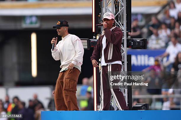 British Hip-Hop duo Rizzle Kicks perform at half time during the Guinness Women's Six Nations 2025 match between England and France at Allianz...
