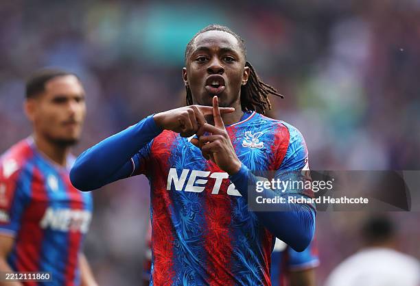 Eberechi Eze of Crystal Palace celebrates scoring his team's first goal during the Emirates FA Cup Semi Final match between Crystal Palace and Aston...