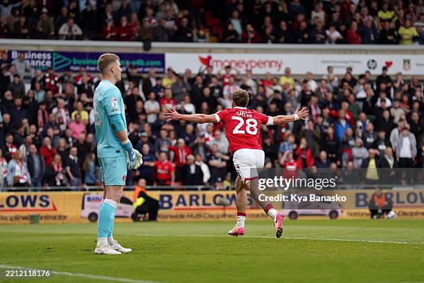 Sam Smith of Wrexham celebrates scoring his team's second goal during the Sky Bet League One match between Wrexham AFC and Charlton Athletic FC at...