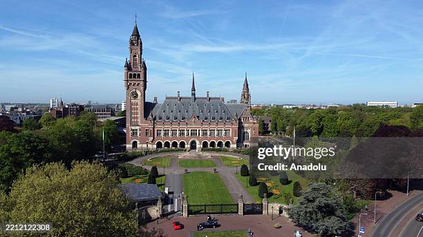 An aerial view of the International Court of Justice, in The Hague, Netherlands, on April 30, 2025. The Court continues hearings on a case brought by...