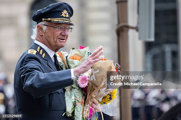 King Carl XVI Gustaf of Sweden attends the King's birthday celebrations at the inner courtyard of the Royal Palace on April 30, 2025 in Stockholm,...
