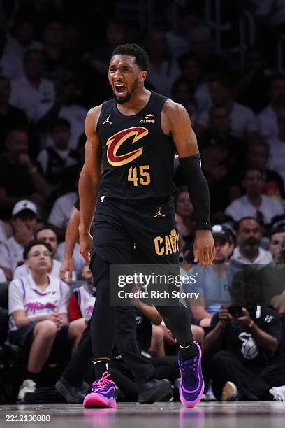 Donovan Mitchell of the Cleveland Cavaliers reacts against the Miami Heat during the second quarter in Game Three of the Eastern Conference First...