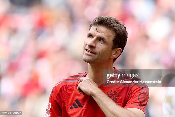 Thomas Müller looks on after the Bundesliga match between FC Bayern München and 1. FSV Mainz 05 at Allianz Arena on April 26, 2025 in Munich, Germany.