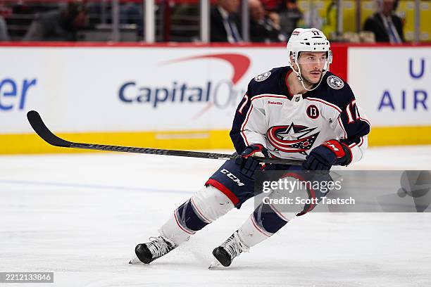Justin Danforth of the Columbus Blue Jackets skates against the Washington Capitals during the third period of the game at Capital One Arena on April...