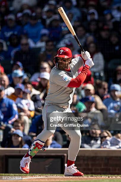 Bryce Harper of the Philadelphia Phillies bats in the first inning against the Chicago Cubs at Wrigley Field on April 26, 2025 in Chicago, Illinois.