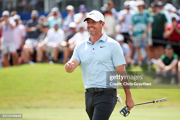Rory McIlroy of Northern Ireland celebrates an eagle on the 18th green on day three of the Zurich Classic of New Orleans on April 26, 2025 in...