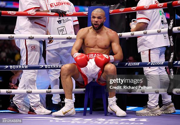 Chris Eubank Jr looks on from his corner between rounds during the Middleweight fight between Chris Eubank Jr and Conor Benn as part of the Fatal...