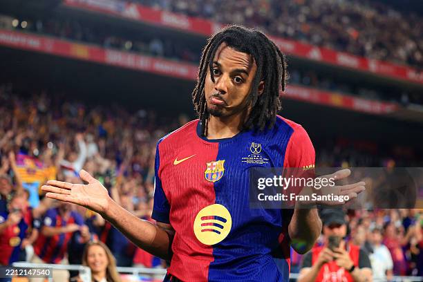 Jules Kounde of FC Barcelona scores his team's third goal during the Copa del Rey Final match between FC Barcelona and Real Madrid at Estadio de La...
