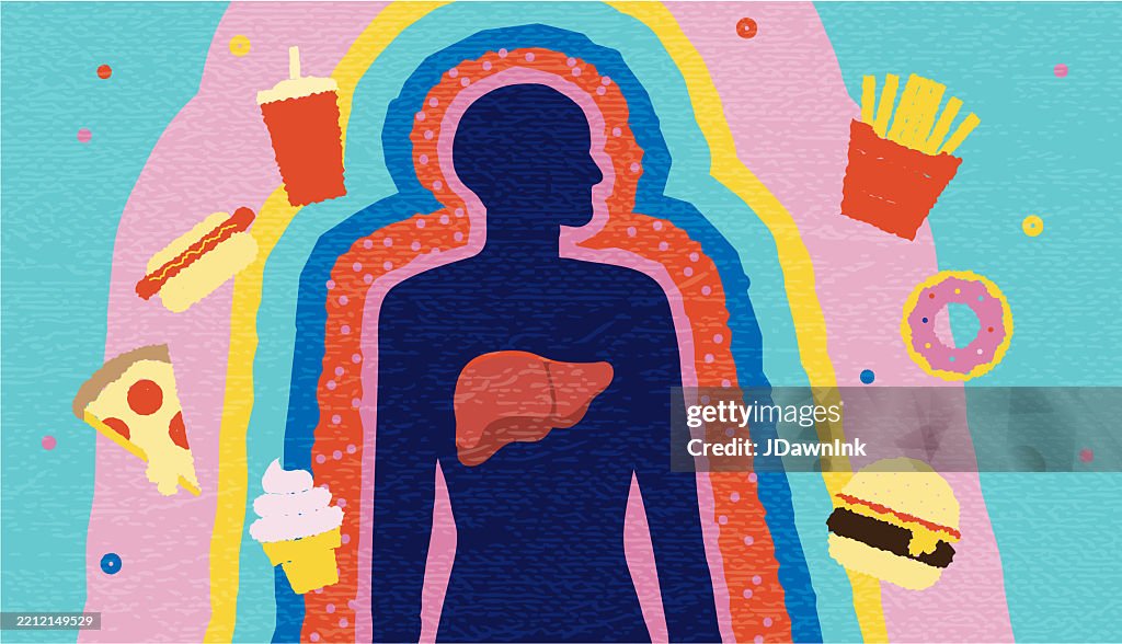 Concept de régime alimentaire malsain avec la silhouette d’une personne entourée de sucre et de restauration rapide
