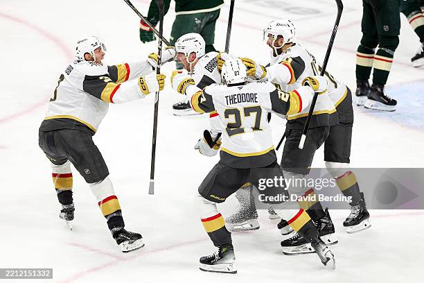 Ivan Barbashev of the Vegas Golden Knights celebrates his game-winning goal against the Minnesota Wild during overtime of Game Four of the First...