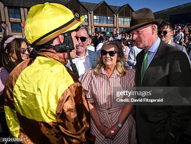 Kildare , Ireland - 30 April 2025; Jockey Paul Townend with Greg and Audrey Turley, owner of Galopin Des Champs, and trainer Willie Mullins after...