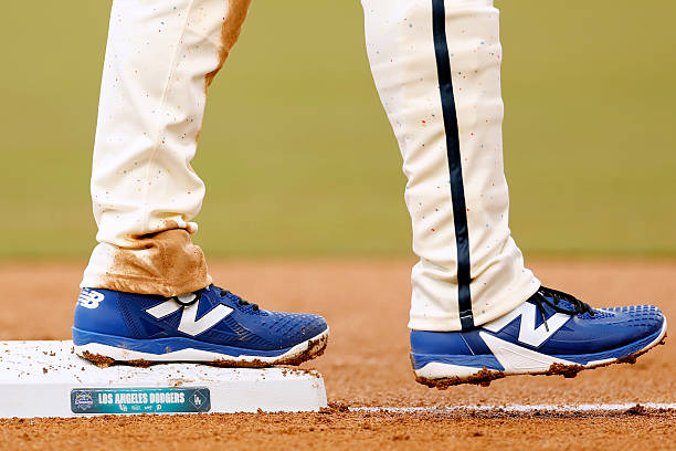 Detailed view of of Shohei Ohtani's of the Los Angeles Dodgers cleats during a game against the Pittsburgh Pirates at Dodger Stadium on April 26,...