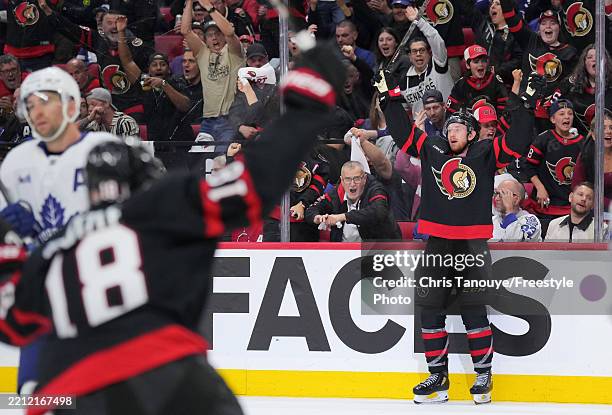 Jake Sanderson of the Ottawa Senators celebrates his overtime game-winning goal against the Toronto Maple Leafs during Game Four of the First Round...