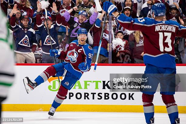 Gabriel Landeskog of the Colorado Avalanche celebrates after scoring a goal in the second period of Game Four of the First Round of the Stanley Cup...