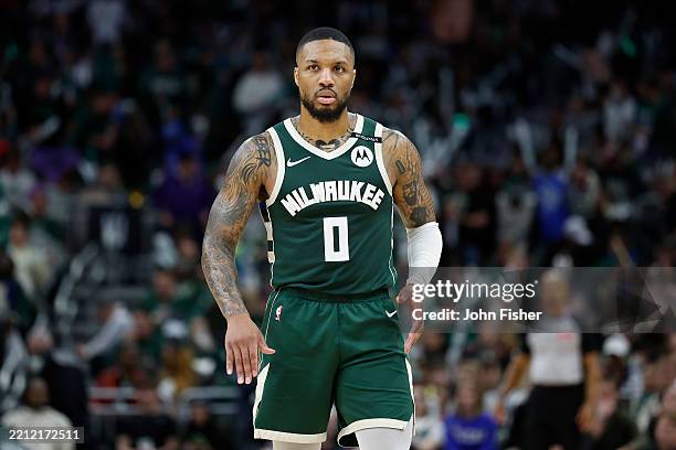 Damian Lillard of the Milwaukee Bucks against the Indiana Pacers during game three of the first round of the 2025 NBA playoffs at Fiserv Forum on...