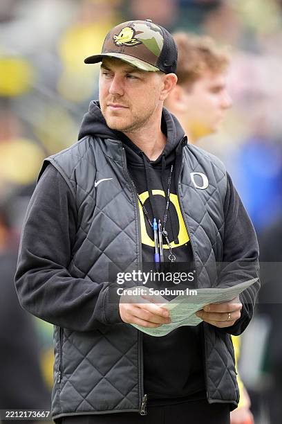 Offensive Coordinator Will Stein of the Oregon Ducks looks on during the Oregon spring game at Autzen Stadium on April 26, 2025 in Eugene, Oregon.