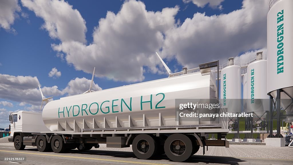 3D-Rendering Fabrik Baustelle für grünen Wasserstofftank. Speichertanks für erneuerbares sauberes Gas mit Wasserstoff .Net Zero Konzept.