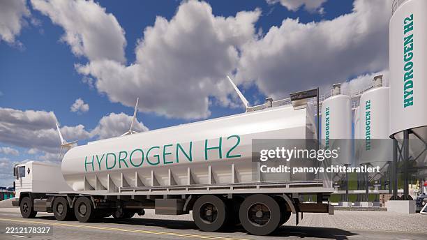 3d rendering factory green hydrogen tank construction site.renewable clean gas storage tanks of hydrogen .net zero concept. - zero emission trucks stock pictures, royalty-free photos & images