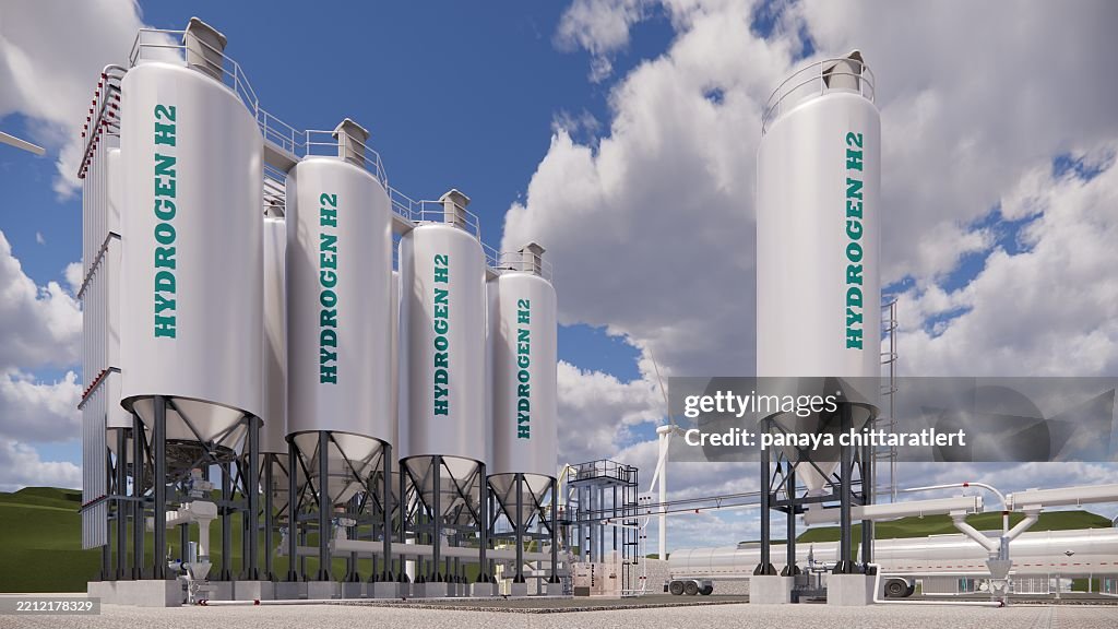 Rendering 3D Cantiere Serbatoio Idrogeno Verde Factory. Serbatoi di stoccaggio di gas pulito rinnovabile di idrogeno .Concetto di zero netto.