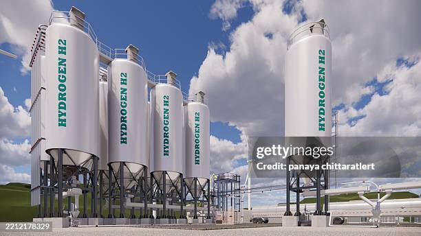 3d rendering factory green hydrogen tank construction site.renewable clean gas storage tanks of hydrogen .net zero concept. - fuel cell stock pictures, royalty-free photos & images