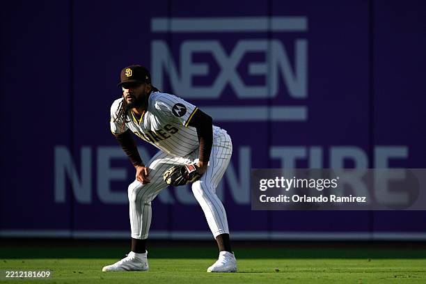 Fernando Tatis Jr. #23 of the San Diego Padres looks on during the second inning against the Tampa Bay Rays at Petco Park on April 26, 2025 in San...