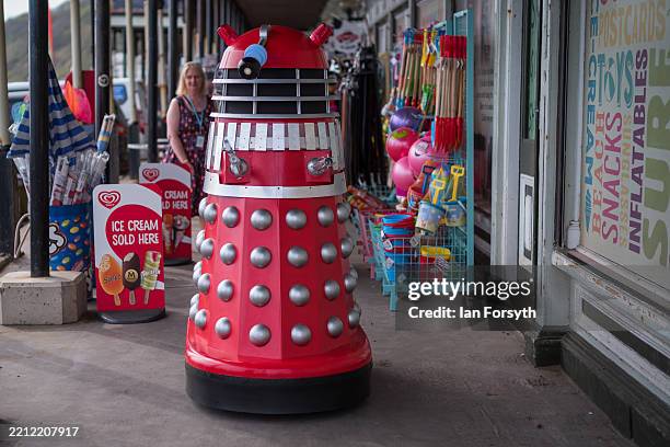 Daleks interact with members of the public on day two of the Scarborough Sci Fi weekend on April 27, 2025 in Scarborough, England. The North...