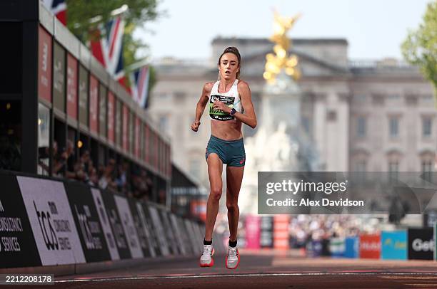 Eighth placed Eilish McColgan of Team Great Britain crosses the finish line during the Women's 2025 TCS London Marathon on April 27, 2025 in London,...