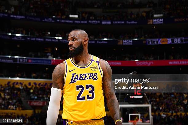LeBron James of the Los Angeles Lakers looks on during the game against the Minnesota Timberwolves during Round One Game Five of the 2025 NBA...