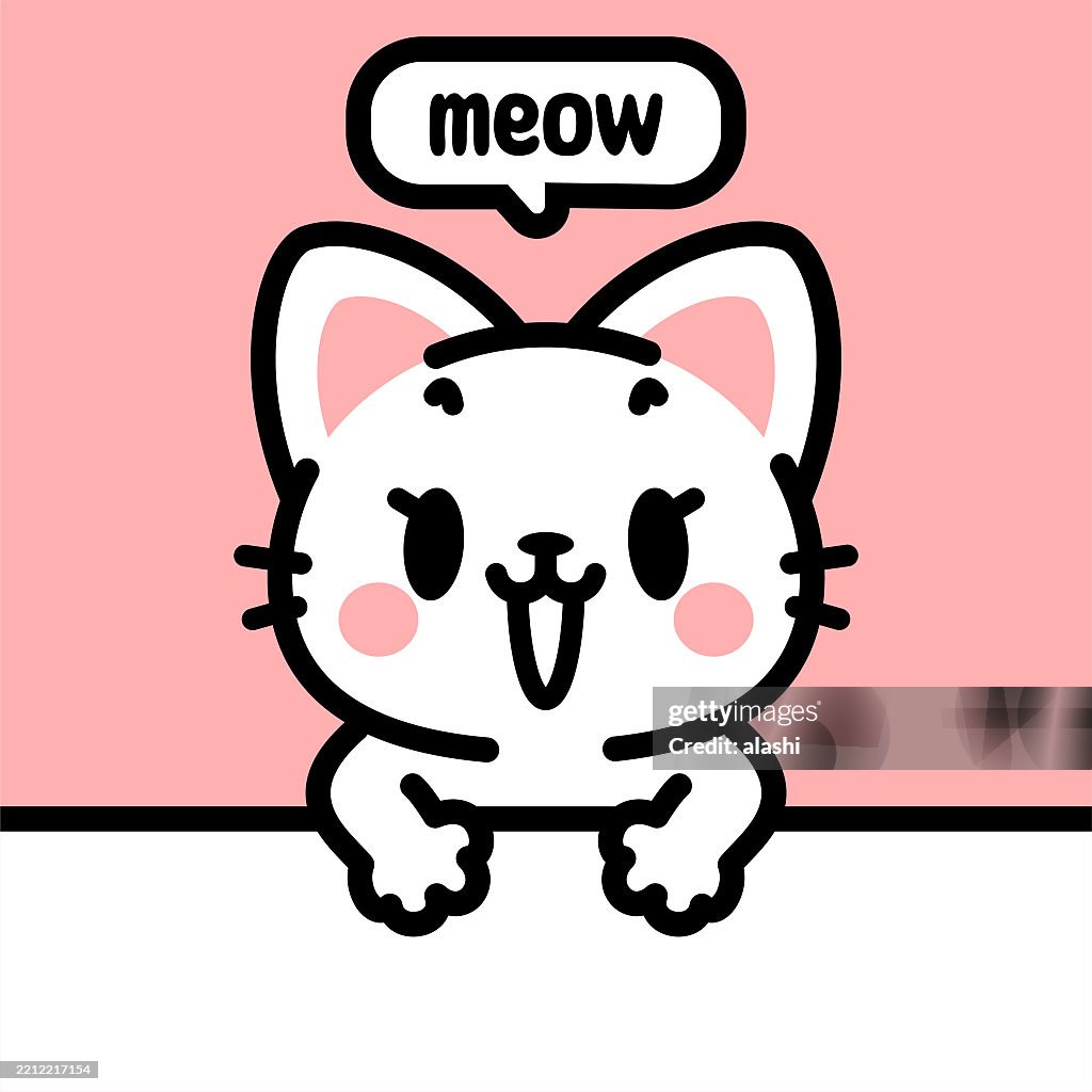 A cute cat, behind a blank sign, climbing up the wall, or peeking over the table, looking at the viewer. Front view, black outline with flat colors, minimalist style