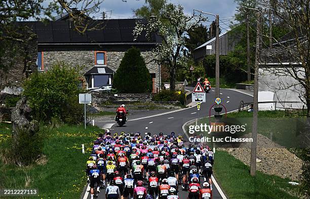 General view of the peloton compete passing through a Halconreux Gouvy village during the 9th Liege - Bastogne - Liege Femmes 2025 a 152.9km one day...