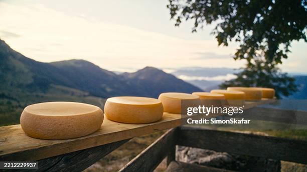 käselaibe, die auf einem holzbrett in einer berglandschaft reifen - käse stock-fotos und bilder