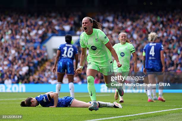 Ewa Pajor of FC Barcelona celebrates scoring her team's second goal during the UEFA Women's Champions League semifinal second leg match between...