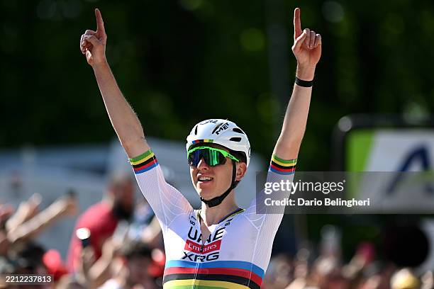 Tadej Pogacar of Slovenia and UAE Team Emirates celebrates at finish line as race winner during the 111st Liege - Bastogne - Liege 2025 a 252km one...