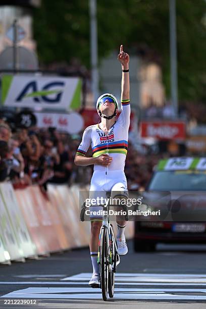 Tadej Pogacar of Slovenia and UAE Team Emirates celebrates at finish line as race winner during the 111st Liege - Bastogne - Liege 2025 a 252km one...