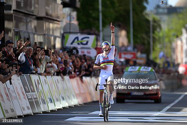 Tadej Pogacar of Slovenia and UAE Team Emirates celebrates at finish line as race winner during the 111st Liege - Bastogne - Liege 2025 a 252km one...