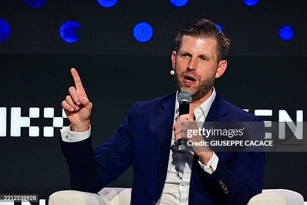 The Trump Organization executive vice-president Eric Trump participates in a session during the Token 2049 crypto conference in Dubai on May 1, 2025.