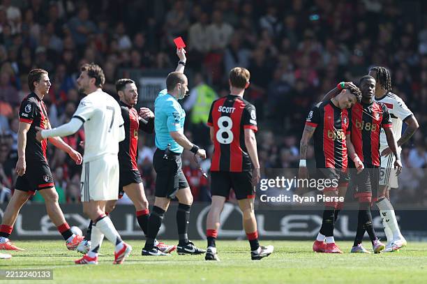 Evanilson of AFC Bournemouth receives a red card from referee Peter Bankes during the Premier League match between AFC Bournemouth and Manchester...