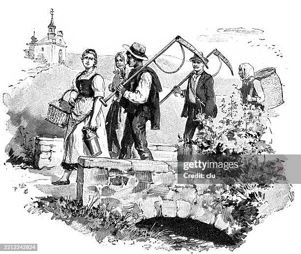 wheat harvest helpers finish work - modern period stock illustrations