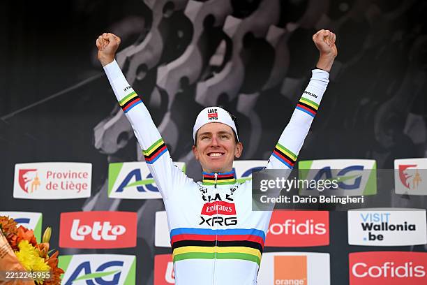 Tadej Pogacar of Slovenia and UAE Team Emirates celebrates at podium as race winner during the 111st Liege - Bastogne - Liege 2025 a 252km one day...