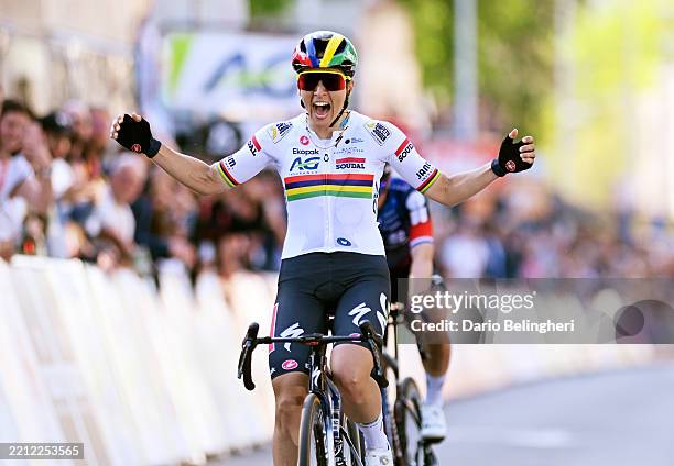 Kim Le Court of Mauritius and AG Insurance-Soudal Team celebrates at finish line as stage winner during the 9th Liege - Bastogne - Liege Femmes 2025...