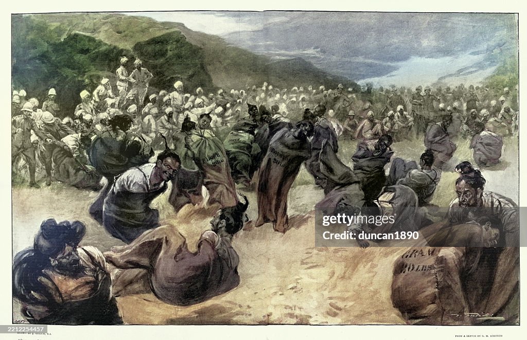 Sack fighting tournament between Sikh and Gurkha soldiers, History British Empire, Vintage illustration 1890s, 19th Century