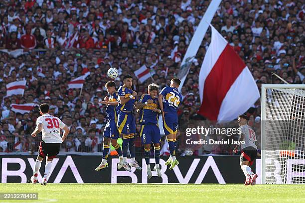 Franco Mastantuono of River Plate scores the team's first goal during the Torneo Apertura Betano 2025 match between River Plate and Boca Juniors at...