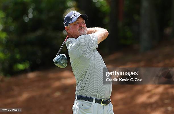 Jerry Kelly of the United States tees off the fourth hole during the final round of the Mitsubishi Electric Classic at TPC Sugarloaf Golf Course on...